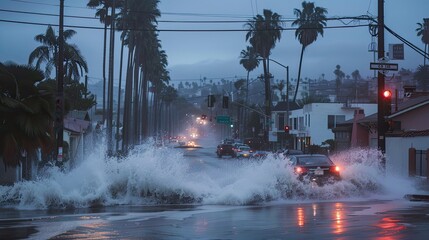 high winds and waves battering the streets of a tiered coastal city, with cars navigating through puddles while palm trees sway in the gusts, all under an overcast sky with rain pouring down.