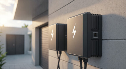 Energy storage battery packs on smart house wall as a backup generated from solar system, alternative, sustainable electrical source concept