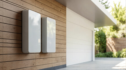 Energy storage battery packs on smart house wall as a backup generated from solar system, alternative, sustainable electrical source concept