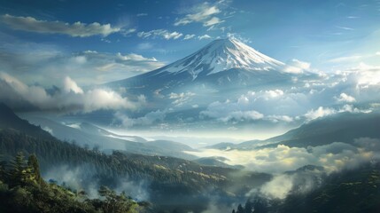A dramatic landscape featuring Mount Fuji shrouded in mist and clouds, evoking a sense of mystery and enchantment.