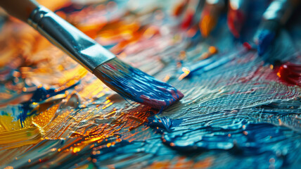 Fototapeta premium Close-up of a paint brush on a colorful canvas.