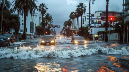 high winds and waves battering the streets of a tiered coastal city, with cars navigating through puddles while palm trees sway in the gusts, all under an overcast sky with rain pouring down.