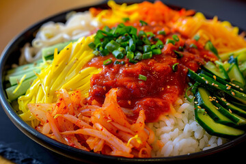 A vibrant bowl of Korean bibimbap, with its assorted, colorful toppings neatly arranged on steamed rice, before being mixed.  