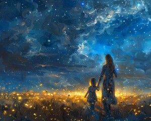 Obraz premium Fantasy art concept mother and child walking sparkles love 