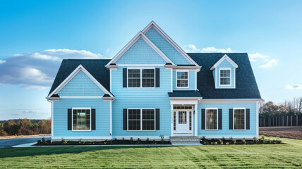 A tranquil scene unfolds in the suburbs as a pale blue house with siding stands gracefully on a large lot. Its traditional windows.