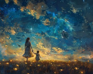 Fantasy art concept mother and child walking sparkles love 