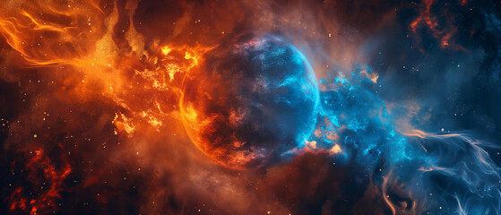 Planeta com fogo e raios azuis - Papel de parede