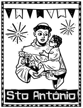 Saint Anthony with baby Jesus in his arms. Woodcut style for June festival.