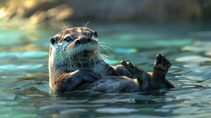 Fototapeta premium Playful Otter in Serene River - Hyper-Realistic 2D Illustration with Copy Space for Text