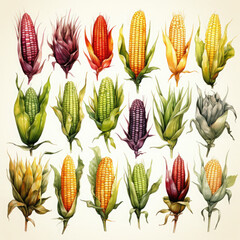 Watercolor Colorful Corn Illustration, Generative Ai
