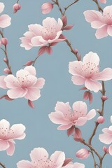 Floral wallpaper with delicate cherry blossoms in shades of pink and white, set against a tranquil blue backdrop