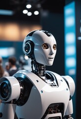 A white robot with headphones stands in a dark room, glowing electric blue