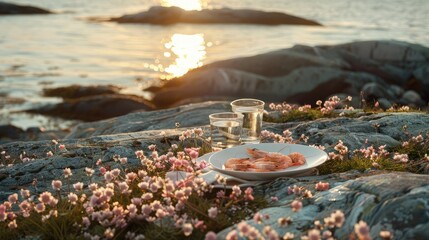 Fototapeta premium a romantic picnic arranged on the rugged coast of Sweden, featuring fresh shrimp and champagne glasses set against the backdrop of the ocean, accented by vibrant wildflowers.