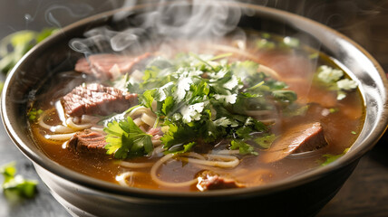 A steaming bowl of Vietnamese pho, with thin slices of beef, rice noodles, and herbs in a clear broth. The steam rising from the bowl