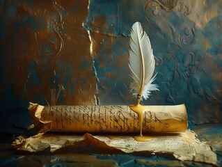 A quill pen dripping with golden ink, poised above an ancient scroll, symbolizing classical inspiration