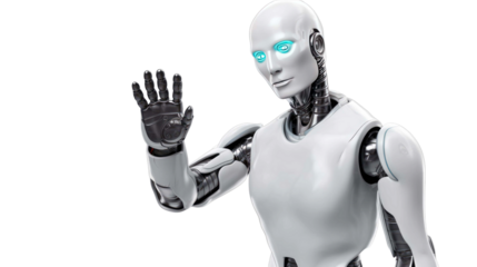 robot Raising hands in greeting. Hello robot. on a transparent background