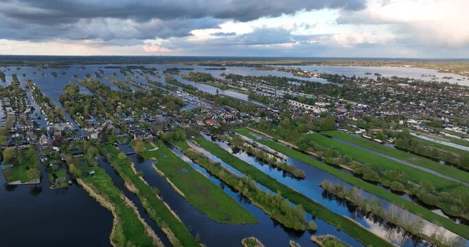 Aerial view on the Vinkeveense Plassen Recreational water sports area at sunset in Vinkeveen