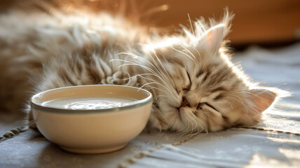 A sleepy Persian kitten, its fur fluffy and soft, dozing off next to a bowl of warm, specially prepared kitten milk, the scene exuding warmth and comfort in the soft morning light.