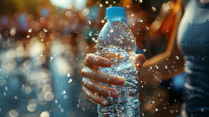 Person holding a splashing water bottle.