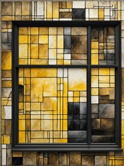 AI generated illustration of a stained glass window with yellow and black frames