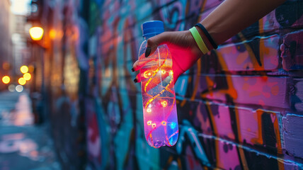 Hand holding a water bottle against graffiti wall.