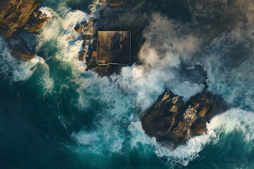 sea, Experience the drama of nature's fury as early morning light bathes the rocky coastline, casting a dramatic glow over the tumultuous ocean waves - obrazy, fototapety, plakaty