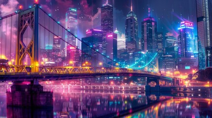 Fototapeta premium A dynamic urban panorama featuring a suspension bridge lit up in vibrant colors, creating a dazzling spectacle against the backdrop of city skyscrapers and twinkling lights.