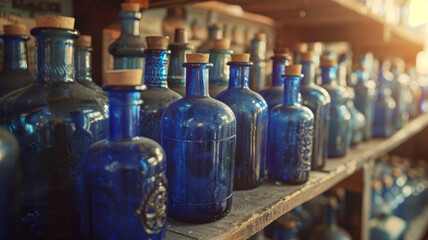 Obraz na płótnie Canvas Old blue glass bottles on a shelf.