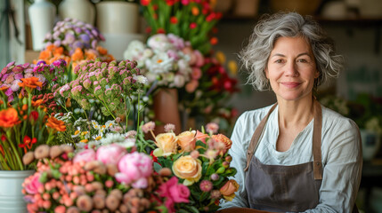 senior florist woman with flowers in shop