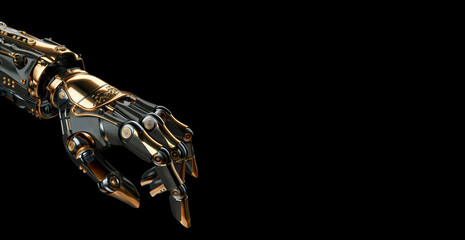 Golden robot hand on black background