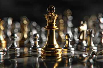 3D render of a gold chess king standing tall among silver pawns, symbolizing leadership and distinction 