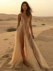 Fototapeta na wymiar Stylish beautiful woman in beige dress at sand dunes, ai