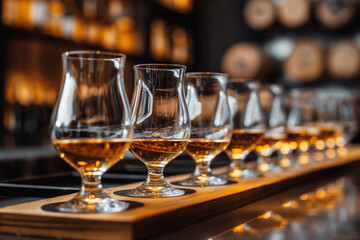 Whiskey tasting event, multiple glasses lined up, each containing a different type of whiskey, educational and interactive experience