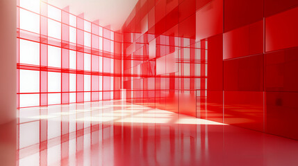 3D rendering abstract red glass wall with windows 
