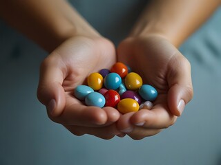 A person holds a collection of various pills and capsules over a table with orange