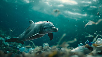 Naklejka premium Dolphin swims in garbage in the sea, close-up, environmental protection concept