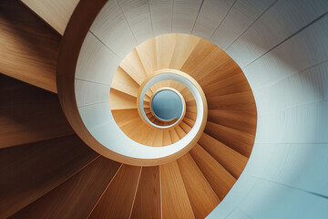 Architectural design, spiral staircase resembling a helix, captured from above, emphasizing symmetry and modern aesthetics in building structure