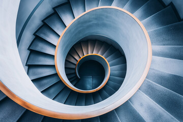 Architectural design, spiral staircase resembling a helix, captured from above, emphasizing symmetry and modern aesthetics in building structure
