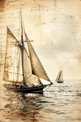 Vintage sailboat at sea. Drawing on old paper with remains of incomprehensible text