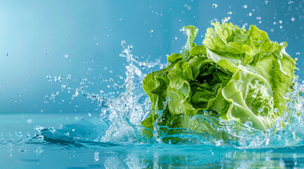 Fresh bunch of romaine lettuce floating in water. A concept of vegetarian lifestyle and vegetarian diet