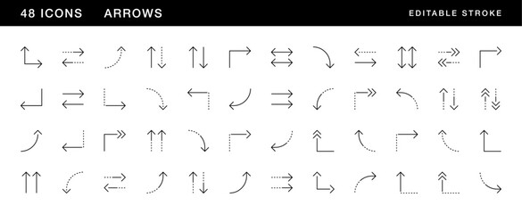 Arrow icon collection. Interface arrows, direction, navigation, right curved, different direction, sort, compare, forward and more. Editable stroke. Pixel Perfect. Grid base 32 x 32.