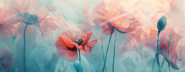 abstract artistic background with poppy flowers in soft pastel colors.