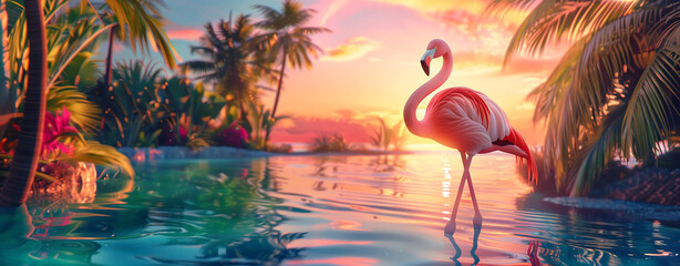  flamingo standing peacefully in the water by colorful sunset