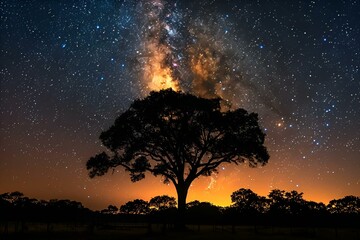 AI generated illustration of a massive tree in a meadow beneath a cloudy sky filled with milky hues