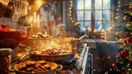 A festive holiday kitchen scene with pots bubbling on the stove and cookies baking in the oven, filling the air with joyous aromas.