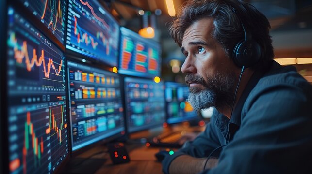 Businessman viewing financial data on multiple monitors, late evening office, intense focus, YouTube thumbnail with copy space for text on left