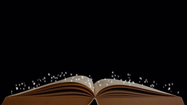 Old ancient open book with flying random glowing letters in white color, concept, ideas, 4k, transparent background with alpha channel