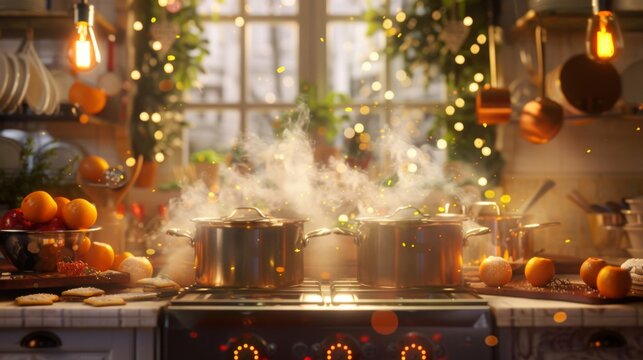 A festive holiday kitchen scene with pots bubbling on the stove and cookies baking in the oven, filling the air with joyous aromas.