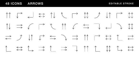 Arrow icon collection. Interface arrows, direction, navigation, curved arrow, different direction, sort, compare, forward and more. Editable stroke. Pixel Perfect. Grid base 32 x 32.