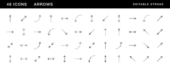 Arrow icon collection. Interface arrows, direction, navigation, curved arrow, forward, distance and more. Editable stroke. Pixel Perfect. Grid base 32 x 32.
